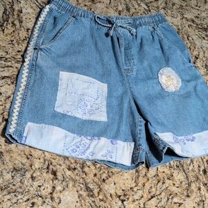Custom  Boho Denim Blue Jean Shorts with White Lace Accents.